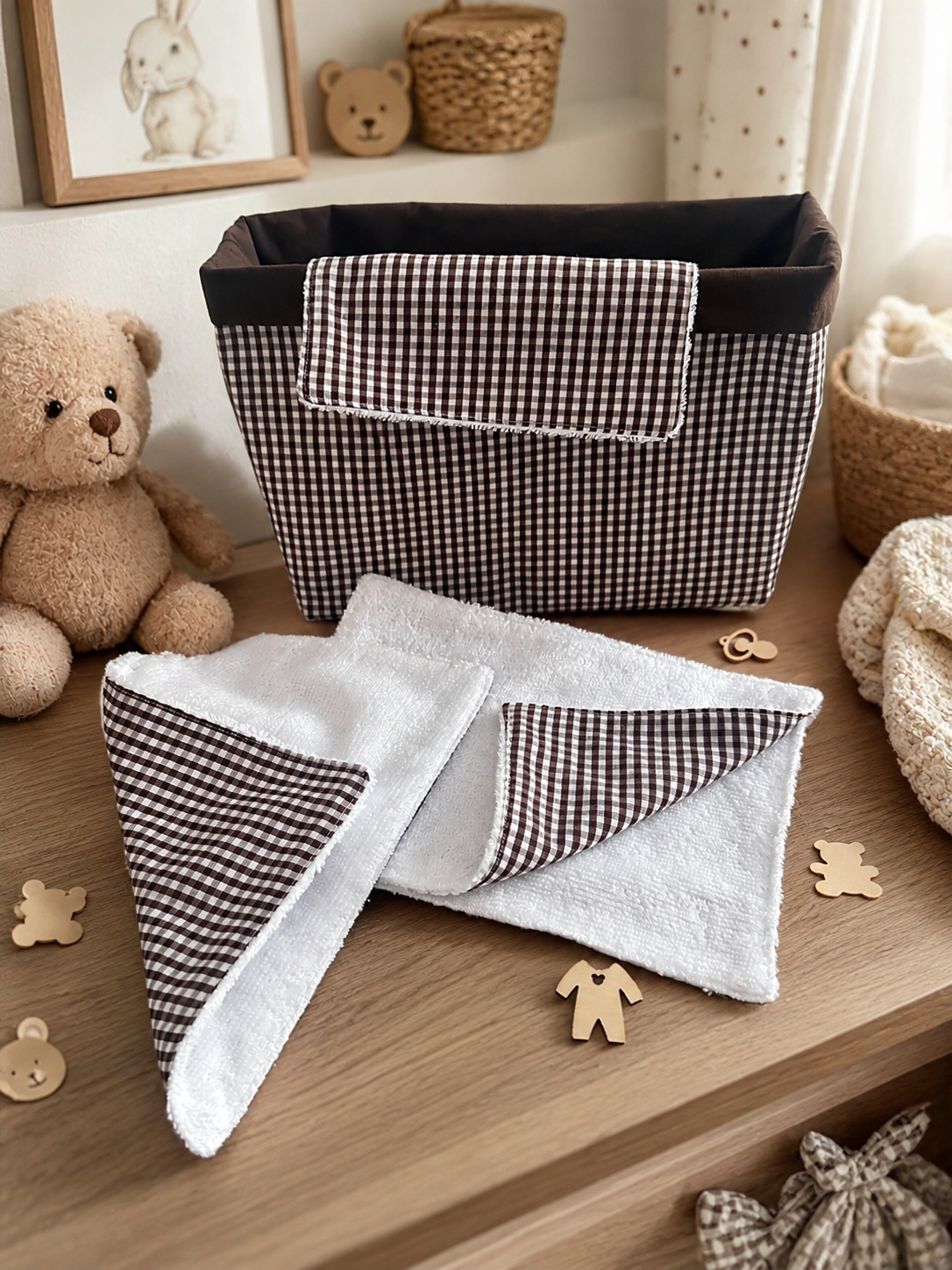 Panier et lingettes vichy marron