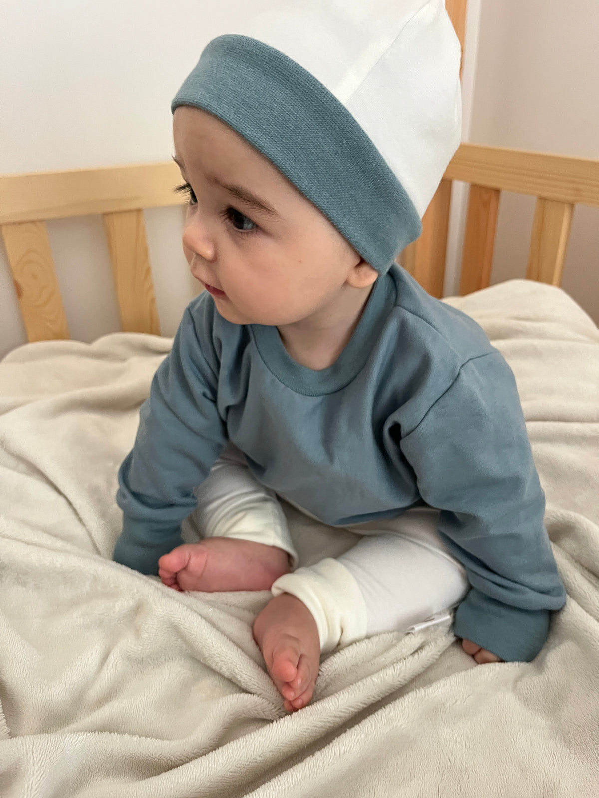 Bonnet bicolore hiver bleu/gris & blanc cassé uni Oeko-Tex