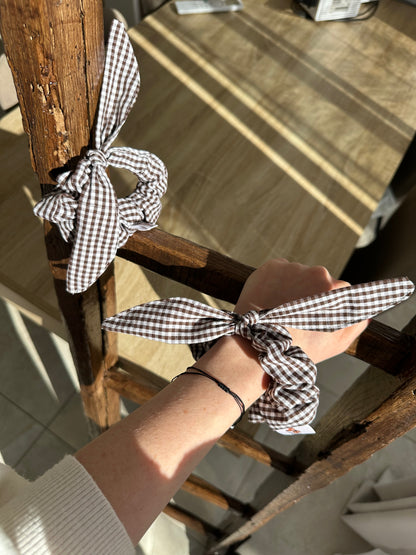 Chouchou Cecile coton Vichy à carreaux marron