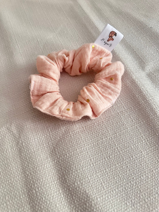 Chouchou gaze de coton rose motif pois dorée