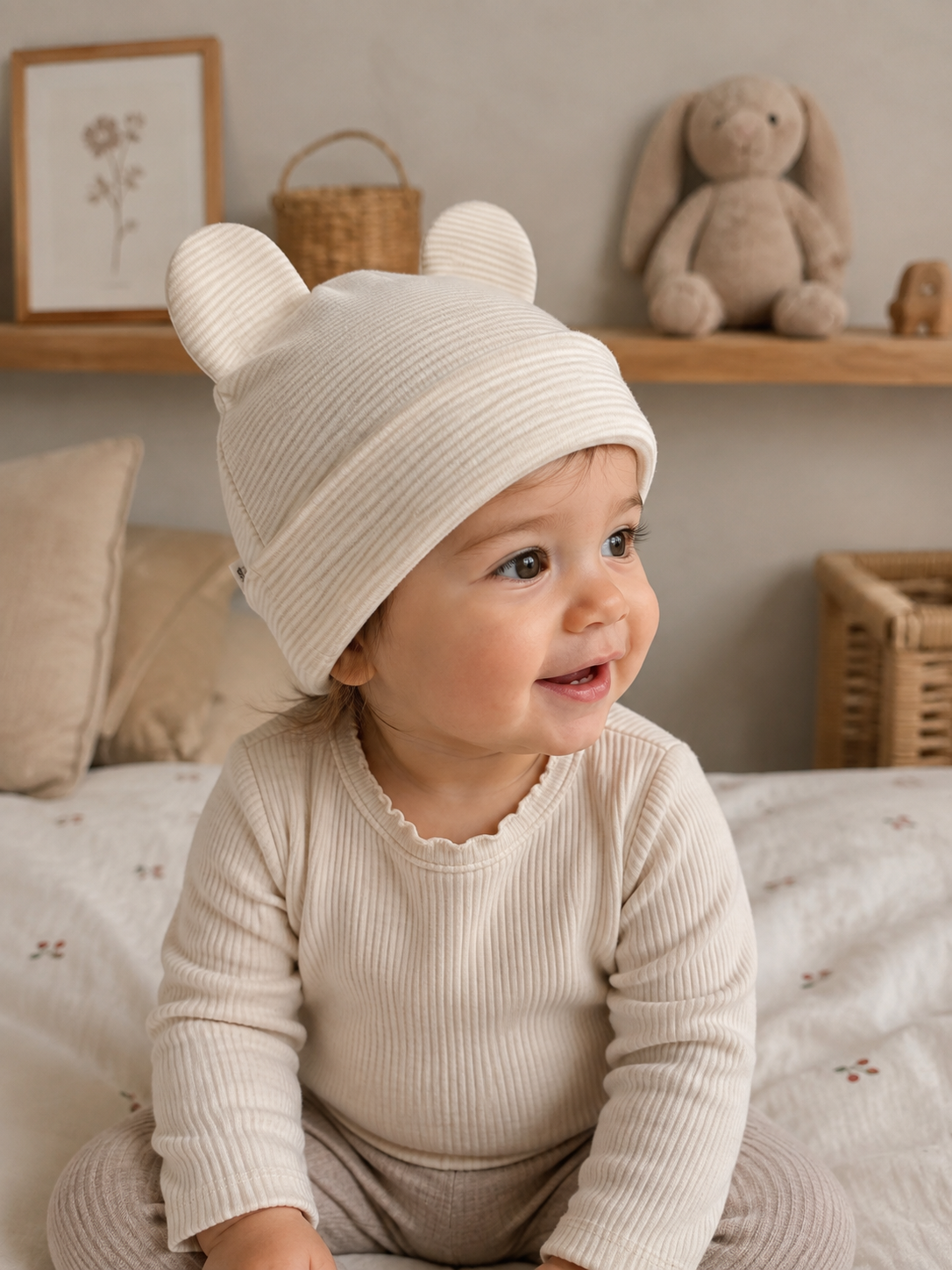Bonnet bébé ourson Rayé écru