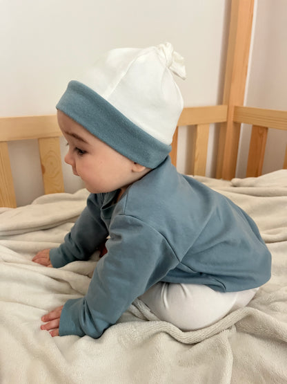 Bonnet bicolore hiver bleu/gris & blanc cassé uni Oeko-Tex