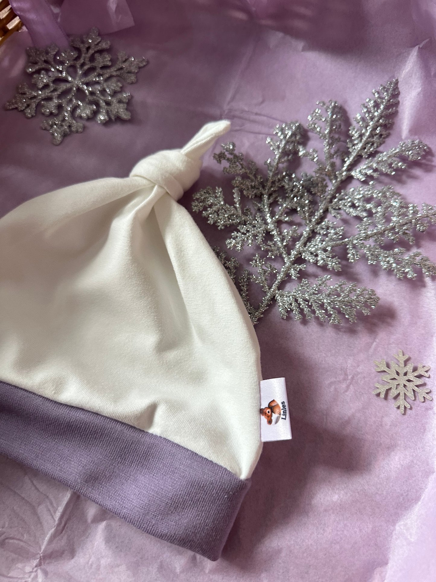 Bonnet douceur bicolore hiver lilas & blanc cassé uni Oeko-Tex